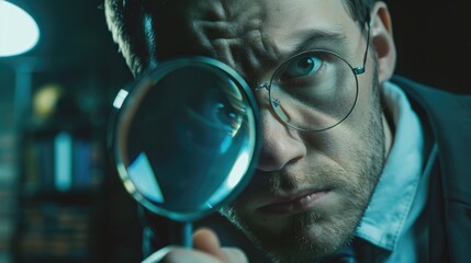 Thoughtful investigator wearing glasses holding a magnifying glass and gazing elsewhere in the workplace