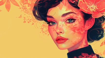 Craft a vintagestyle illustration of a woman, accentuating abstract fashion elements alongside beauty and makeup details
