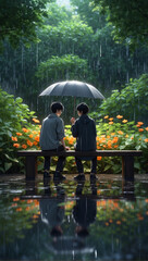 A photo of two friend set in a park in rainy day generative AI