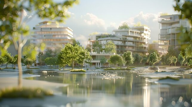 ClimateResilient Neighborhoods 3D models and renderings of urban developments designed to withstand the impacts of climate change, featuring green infrastructure, floodresistant buildings, and decentr