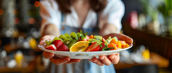 Fototapeta premium a beautiful woman's hands holding a plate of cut fruits