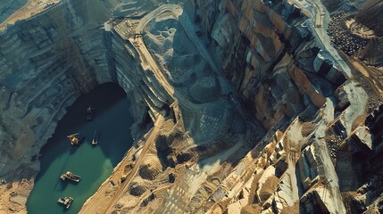 Aerial shot showing mining pits, steep walls