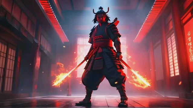 young samurai with two katana swords in the middle of a traditional Japanese residential village road, seamless looping time lapse virtual 4k video animation background