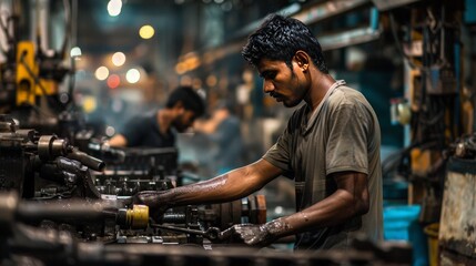 With the smell of oil and metal in the air, workers in the factory labor on, their hands and minds focused on the task at hand, as they strive to keep the production line running smoothly.
