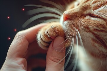 A close shot of a human hand holding paw of cat with a blurry backdrop and big space for text or...