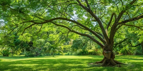 Obraz premium A wide view of a locust tree providing expansive shade, its branches heavy with lush, green leaves creating a cool retreat on a hot summer