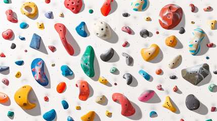 This graphic features various climbing holds depicted on a clean white background. Each climbing hold showcases different shapes, sizes, and textures, providing a comprehensive visual reference 