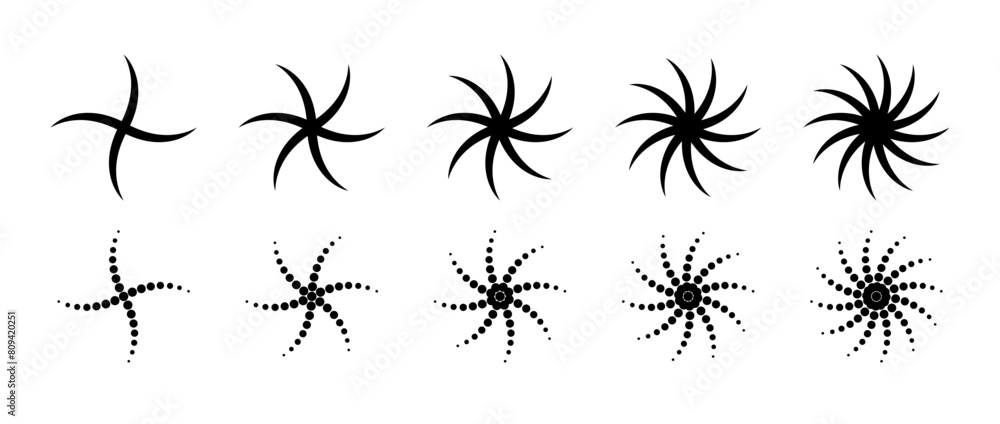 Aufkleber Different twist or swirl element set. Black twirl and rotating line collection. Circular radial revolving whirlwind symbols bundle for graphic design. Tornado or whirlpool rotation effect pack. Vector
