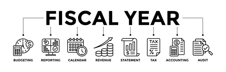 Fiscal year banner icons set with black outline icon of budgeting, reporting, calendar, revenue, statement, tax, accounting, and audit