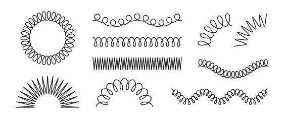 Spiral spring set. Black metal wire coil spring collection. Thin wire frames, zigzag lines, metal waves, flexible coils and arch element pack for graphic design templates, decor. Vector bundle