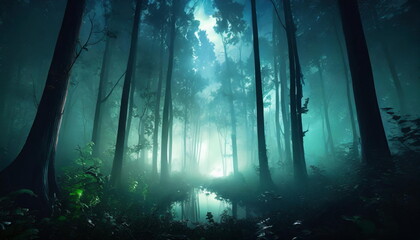 Obraz premium landscape of serene forest with fog