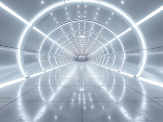 A long, futuristic corridor with bright lights. The floor is made of reflective material, and the walls are lined with glass.