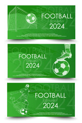 Soccer or Euro Football 2024 horizontal social media banner templates set. Ball, football player and gate in grunge style. Soccer background for banner, card, website.