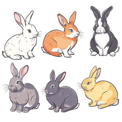 Six handdrawn rabbits, various colors, cute bunny illustrations. Detailed rabbit sketches, pet drawing set, cartoon style. Fluffy animals, white, orange, black, grey, yellow different poses