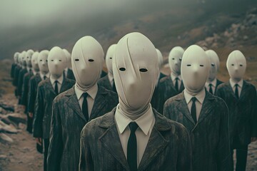 Surreal Conformity in the Corporate Workforce:Faceless Men in Suits Symbolize Dehumanization and Loss of Identity