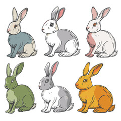 Six colorful rabbits handdrawn illustration, various fur colors, sitting positions, cartoon style bunnies. Rabbits illustrated blue, gray, white, green, orange tones, artistic animal depiction. Cute