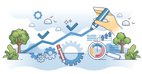 Continuous improvement and steady business development outline hands concept. Growth with effective performance and company evolution vector illustration. Successful organization data profit analysis