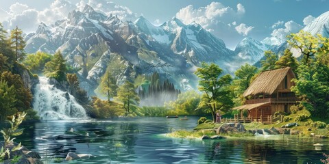 Close up, background landscape, mountains, green trees, waterfalls, a reservoir, a thatched cottage, an old man fishing 