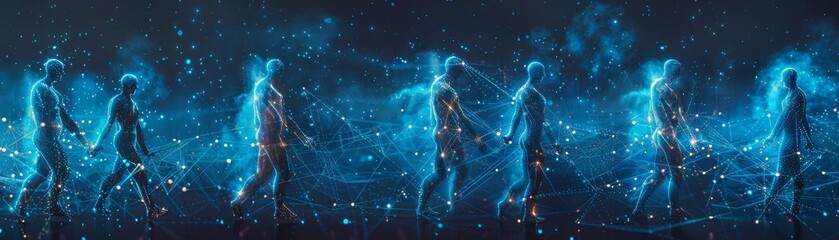 3D chain of human figures holding hands, surrounded by a network of glowing lines, symbolizing unity and connection