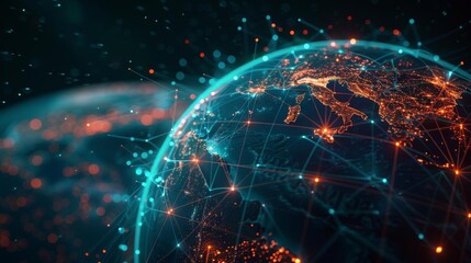 3D globe with laser beams connecting different continents, showing the global reach of social networks