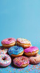 Colorful assorted donuts with sprinkles on blue background