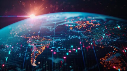 3D stock market trend lines over a digital globe, perfect for illustrating international market impacts or global trading patterns