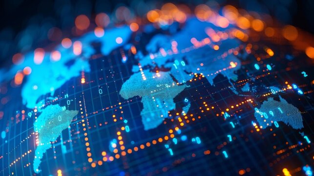 3D stock market trend lines over a digital globe, perfect for illustrating international market impacts or global trading patterns