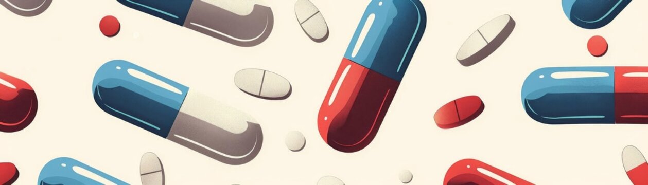 A seamless pattern of capsules and pills, suitable for backgrounds in pharmaceutical presentations or health blogs