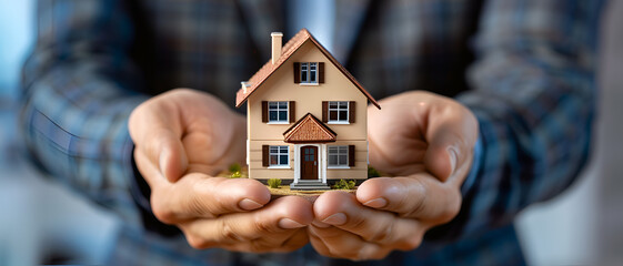 Hands holding miniature of house real estate concept