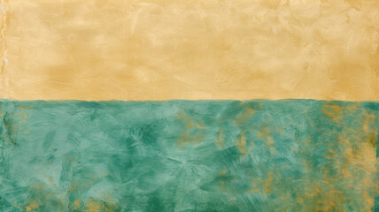 A painting of a blue and green ocean with a yellow background