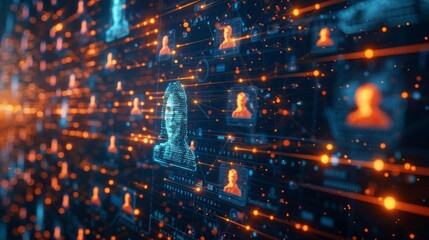 Fototapeta premium Dynamic 3D grid of faces and icons, pulsating with connections to illustrate live social media interactions