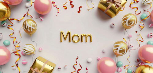 Delightful 3D rendering of Mother's Day background featuring a gold gift box and festive balloons placed at the edges creating a spacious center for  and charming "Mom" text.