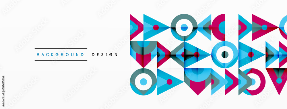 Poster a vibrant illustration featuring colorful geometric patterns with arrows and circles. the design is 