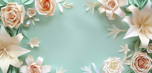 Elegant paper lilies and roses on mint green framing a serene Mother's Day greeting. .