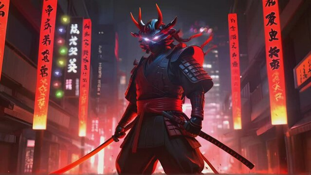 masked samurai on the streets of Tokyo, anime or cartoon masked samurai