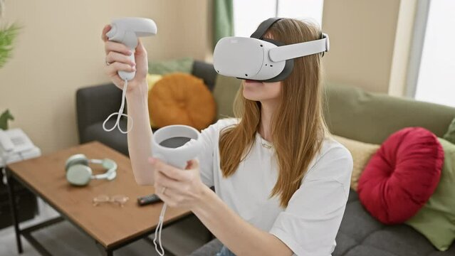 A young woman experiencing virtual reality with a headset and controllers in a modern living room