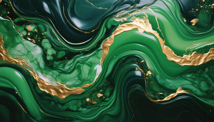 Abstract melted Liquid dark green marble with gold textures. 3D Luxurious illustration pattern