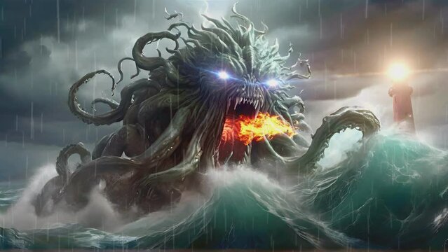 kraken monster attacks the lighthouse, seamless looping time lapse virtual 4k video animation background.