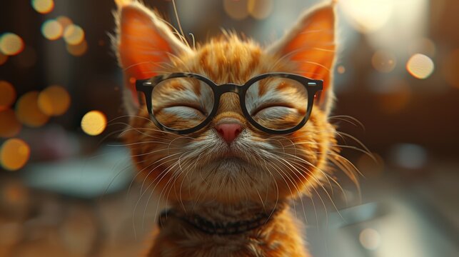 Smiling cat with glasses and bokeh lights