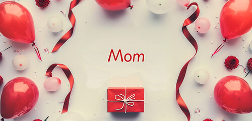 Mother's Day background with a red gift box and balloons placed at the borders leaving the center clear for  and "Mom" text.