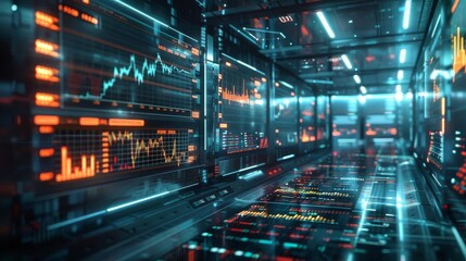 Naklejka premium Innovative 3D stock market visualization with interactive elements, showcasing various stock indices in a virtual environment