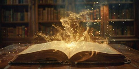 In an ancient library, there is an ancient open magic book on the table.