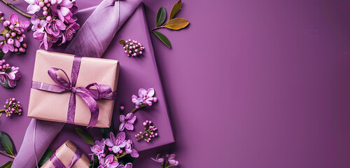 Plum-colored backdrop floral banner wrapped gift ample space for text for Mother's Day.