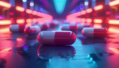 Pills set against a backdrop of neon lights, conveying a futuristic and technological approach to medicine