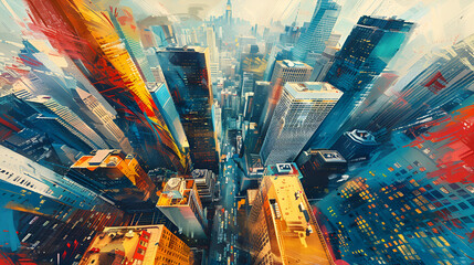 Artistic Painting of Skyscrapers in Abstract Style, Cityscape with Vibrant Colors and Dynamic Brushstrokes, Urban Architecture Illustration, Generative AI

