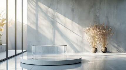 Round glass podium in a clean, modern space, ideal for displaying delicate glassware or art pieces