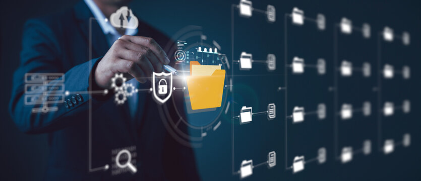 Businessman look up documents and sort items for efficient document management organizing organizational information document visualization record management online document file information software