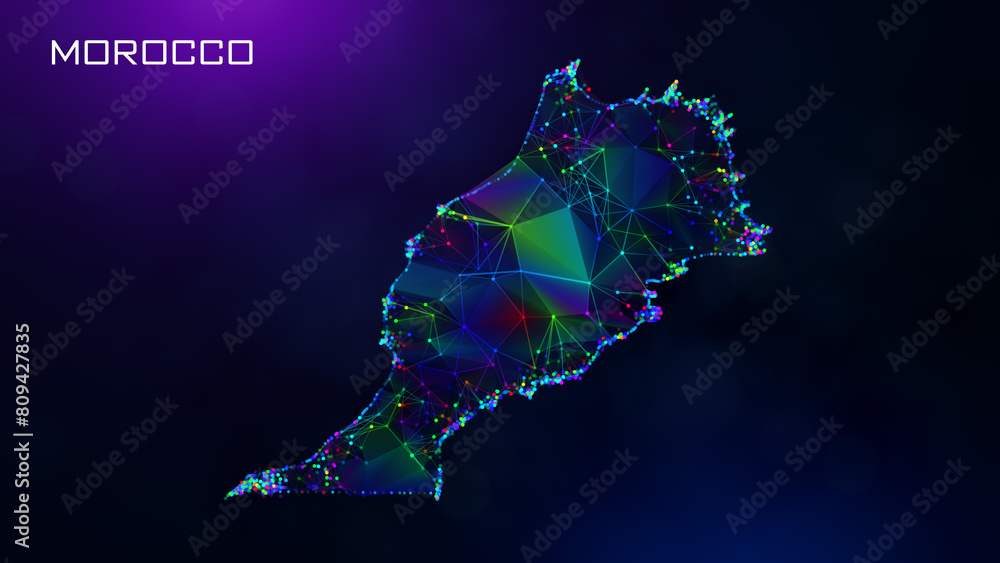 Poster futuristic morocco map polygonal blue purple colorful connected lines and dots network wireframe wit