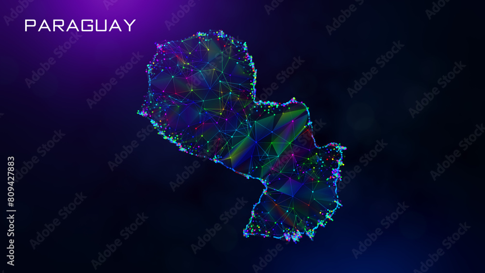 Poster futuristic paraguay map polygonal blue purple colorful connected lines and dots network wireframe wi