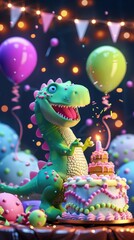 Festive dinosaur celebration with colorful cake and balloons